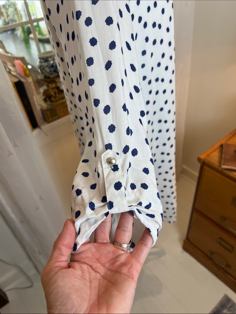 C White Long-Sleeve Polka Dot Shift Dress with navy blue  Dots size medium. - Picture 4 of 7